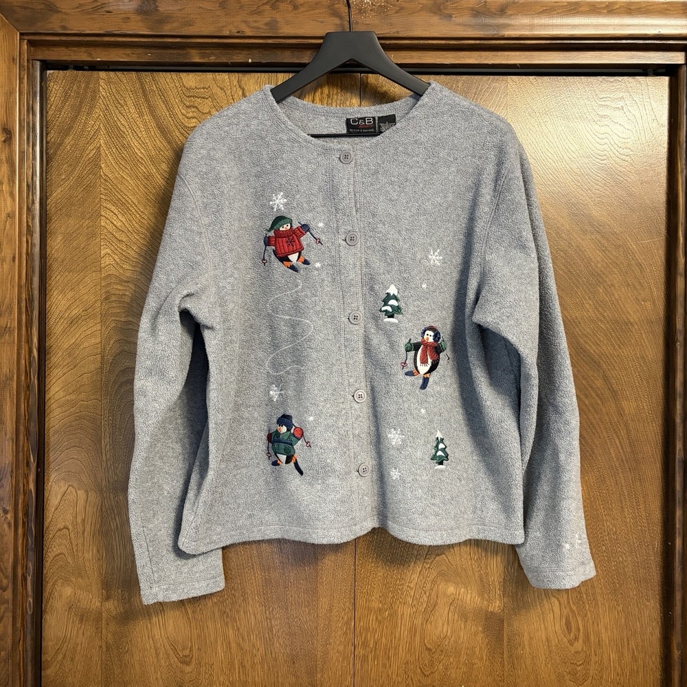 VTG Fleece Embroidered Large Penguins Snow Ski Cottage Gray Long Sleeve Cardigan